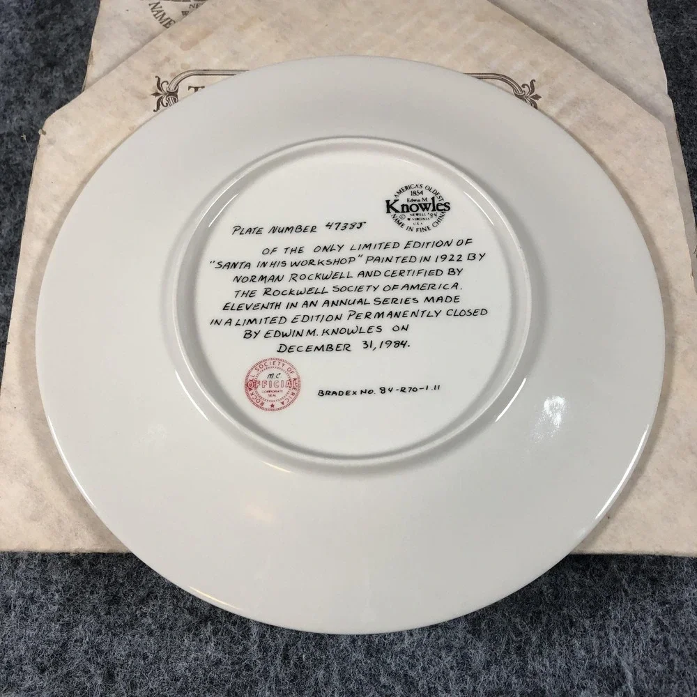 Vintage Knowles 1984 Norman Rockwell Santa In His Workshop Plate COA USA‎